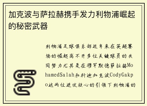 加克波与萨拉赫携手发力利物浦崛起的秘密武器